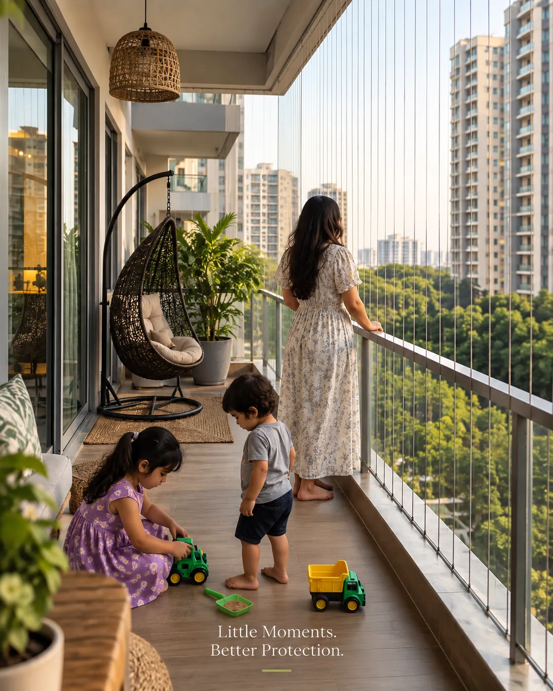 Family on a balcony fitted with invisible grills, view of the city and trees fully open