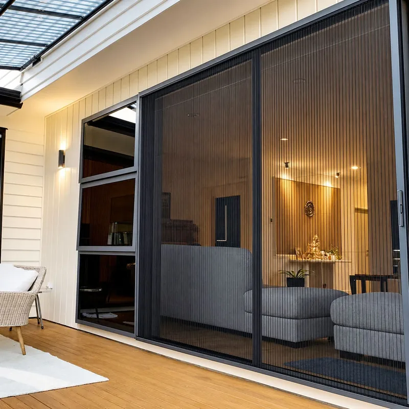 Slim black-framed mosquito mesh across a large patio opening and side windows