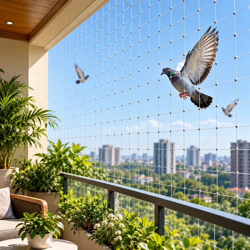 Anti-pigeon net on a high-rise balcony keeping pigeons out while plants and seating stay open to light and air