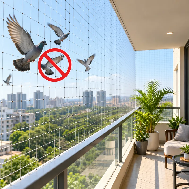 Pigeons kept away from an apartment balcony by a full-height anti-bird net