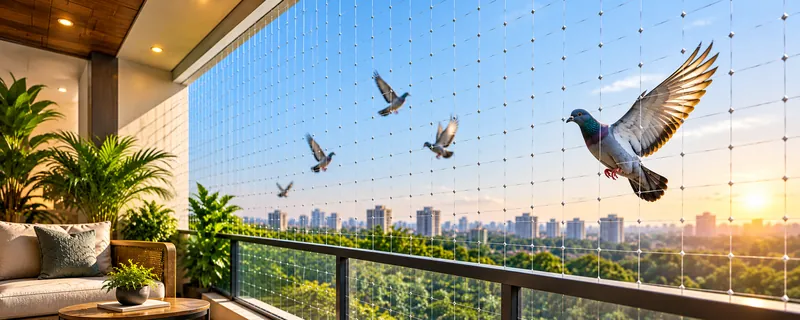 Wide balcony enclosed with nearly invisible anti-pigeon netting overlooking the city at sunset