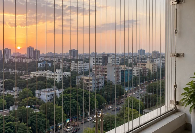 Close-up of invisible grill cables with a sunset city view