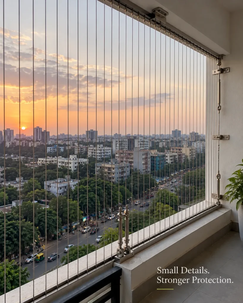 Close-up of invisible grill cables with a sunset city view